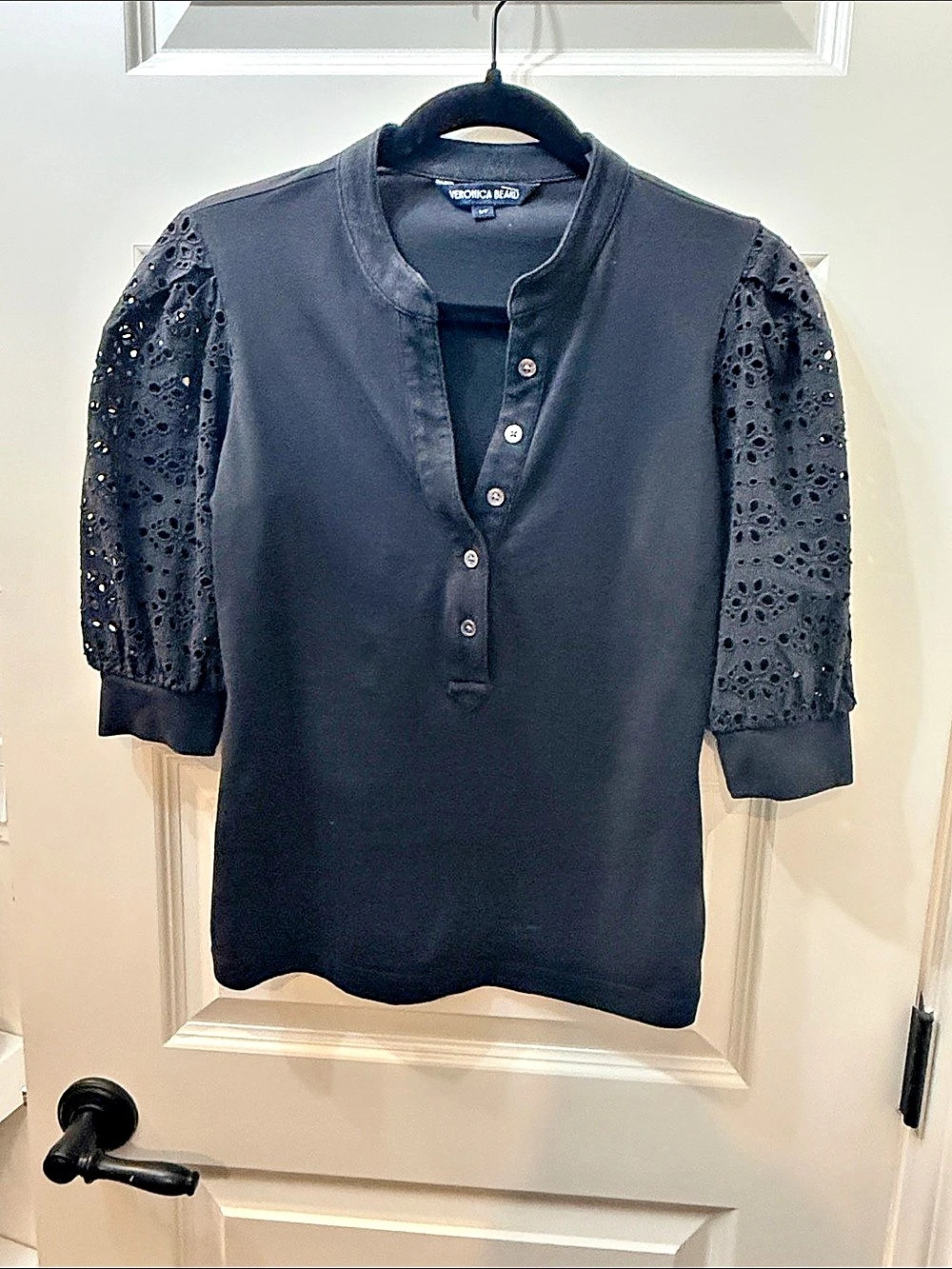 Veronica Beard Coralee Embroidered Eyelet Sleeve Henley Top Black Small